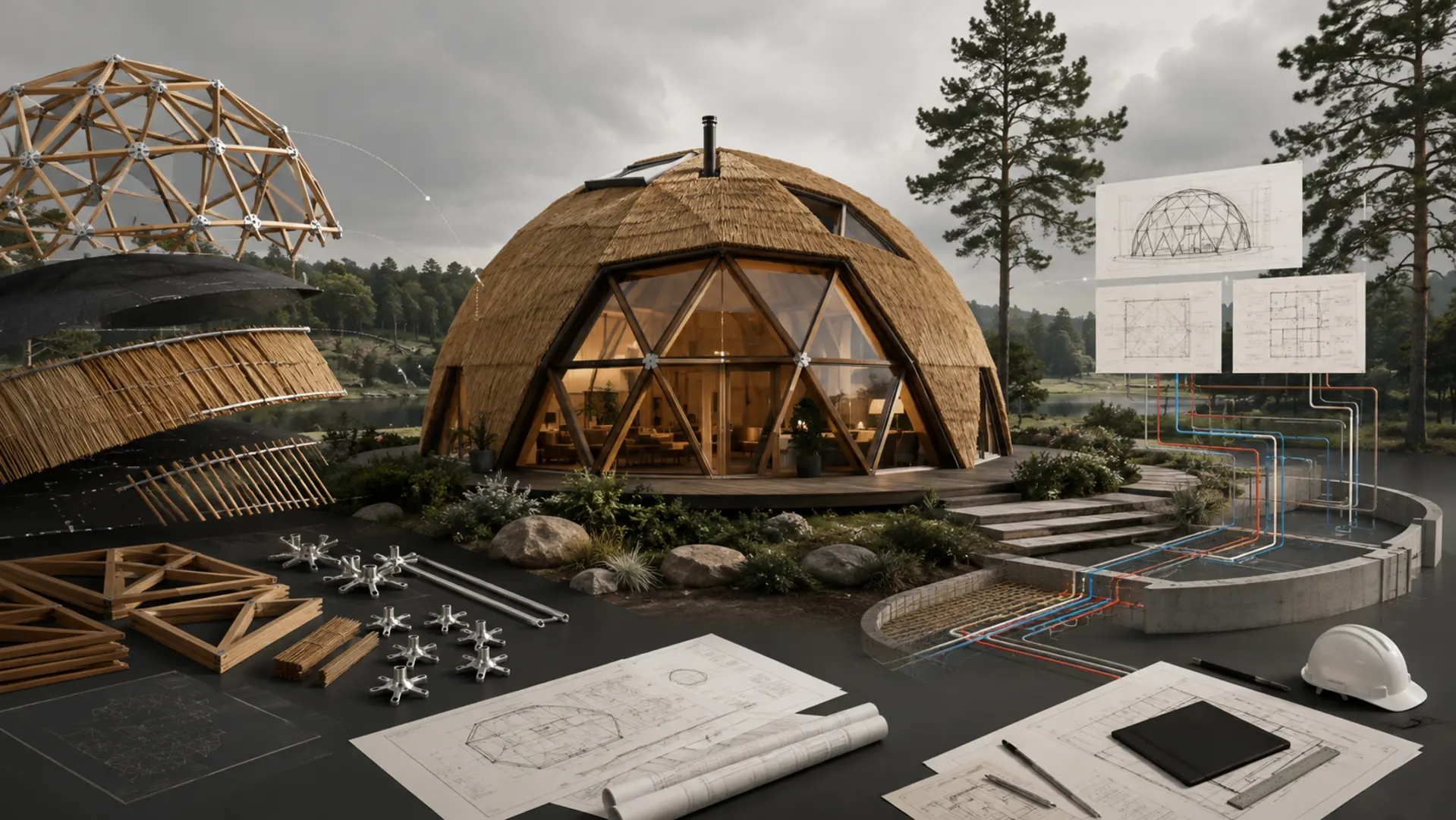 Koncepcinė DOME HOME projekto koordinavimo scena: kupolo karkasas ir fasado technologija, užbaigtas nendrinis namas, pamatai, inžinerija ir projekto dokumentacija