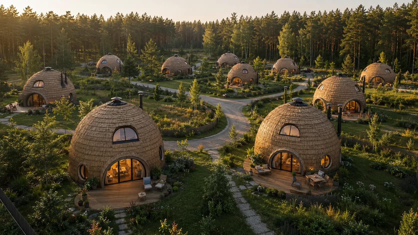 Koncepcinis mažo tankio nendrinių DOME HOME 90 ir DOME HOME 120 namų kvartalas miško aplinkoje