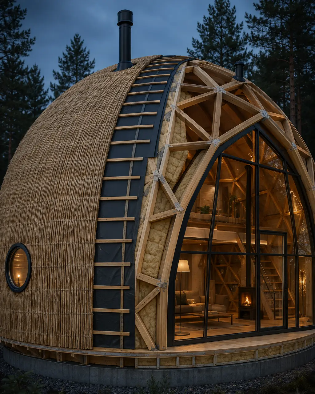 Koncepcinis nendrinio DOME HOME techninis pjūvis su nendrių fasadu, membrana, mediniu geodeziniu karkasu, šiltinimu ir panoramine arka